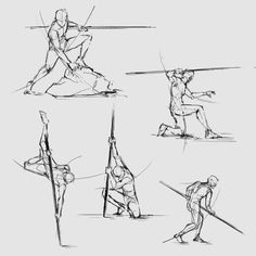 some sketches of people doing different things in the same direction, including one man holding a pole