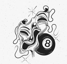 an illustration of a mask and pool ball with the number 8 in it's center