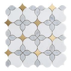 a white and gold mosaic tile with circles on the bottom, in an irregular pattern