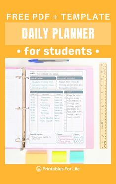 the free printable daily planner for students with text overlay that reads, free pdf