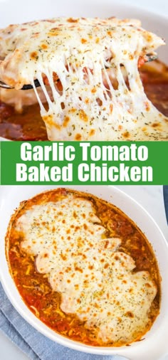 garlic tomato baked chicken in a white bowl with the title above it and an image of