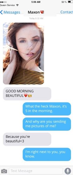 two texts are being shared to each other on their cell phones, one is saying good morning and the other is saying beautiful