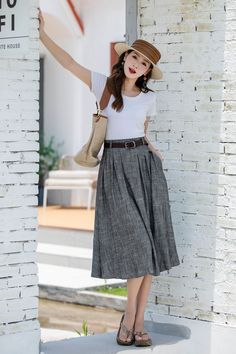 Casual A-line Maxi Skirt For Work, Casual Gray Long Skirt, Casual Flowy Pleated Flared Skirt, Casual Long Gray Skirt, Casual Full Pleated Flowy Skirt, Casual A-line Pleated Maxi Skirt, Casual A-line Pleated Skirt For Work, Casual Lined Midi Pencil Skirt, Casual Midi Pencil Skirt With Lining