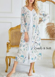 Color:Blue;Size:S;Size:M;Size:L;Size:XL;Size:2XL;Package Contents:1 X Nightdress; Homewear Dress, Long Sleeve Nightgown, Loungewear Dress, Pajama Dress, Fishtail Dress, Night Dress For Women, Ditsy Floral Print, Women's Nightgowns, Straight Dress