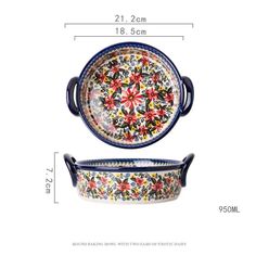 two serving dishes with floral designs on them, one is blue and the other has red flowers