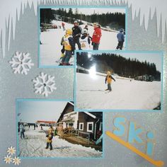 a collage of photos with people skiing and snowboarding