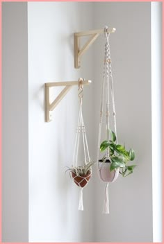 two macrame plant hangers with plants in them hanging from hooks on the wall