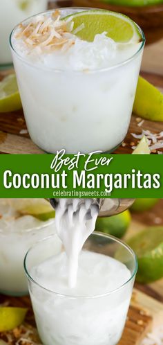 Coconut margarita in a clear glass cup in the top picture and it is being poured into the cup in the bottom picture Coconut Tequila, Yummy Alcoholic Drinks