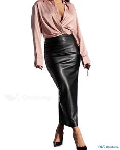 OrcaJump - Premium High-Waisted Leather-Textured Pencil Skirt for a Sleek and Sophisticated Look White Long Skirt, Faux Leather Pencil Skirt, Weather Outfits, Party Rock, Black And White Skirt, Beach Trips, High Waist Fashion, Leather Pencil Skirt, Office Parties