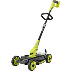 an electric lawn mower with yellow wheels and black handlebars on a white background