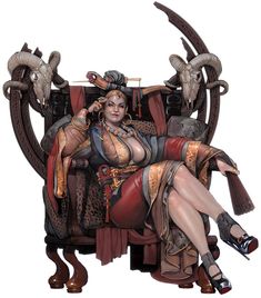 a woman sitting on top of a chair next to an animal head and two horns