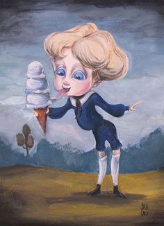 a painting of a woman holding an ice cream cone in front of her face and looking at the sky