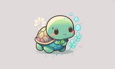 a cute little turtle with an ocean theme on it's back, sitting in the water