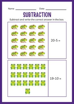 the subtraction worksheet for addition and subtraction with frog faces