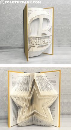 an open book with the word believe cut out of it's pages and folded in half