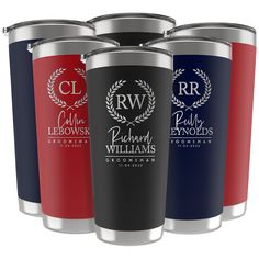 four personalized tumblers with the names of three different companies on them, all in red, white and blue