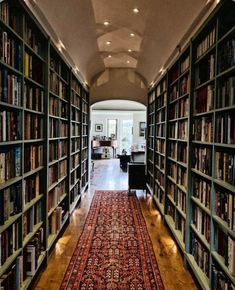 a long hallway with many bookshelves and a rug on the floor in front of it