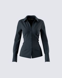 Let it be known that you mean business when you wear this black fitted shirt 🖤 With a button up placket, a slim fit, and an oversized sleeve cuff - this crepe fabric top will instantly get you that promotion you deserve 😜 Cinched Button Up, Business Casual Inverted Triangle, Affordable Calvin Klein Long Sleeve Blouse, Fitted Cotton Shirt, Fitted Button Up, Black Button Down, Slim Shirt Outfit, Black Button Up, Business Woman Clothes