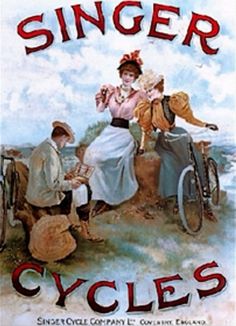 an advertisement for the singer cycles, with two people on a bicycle and one man in a