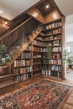 a bookshelf filled with lots of books next to a stair case and potted plant