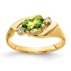 Attributes: Casted Attributes: Polished Attributes: 14k Yellow gold Attributes: Genuine Attributes: Diamond Attributes: Peridot Attributes: Avail. in 10k yellow gold Attributes: Avail. in 18k yellow gold Attributes: Avail. in 14k white gold Attributes: Avail. in platinum Attributes: Prong set Attributes: Avail. in 18k white gold Attributes: A quality Attributes: Oval Metal: 14k Yellow Gold Average Weight: 3.57 GM Gem Weight: 0.85 Diamond Weight: 0.056 CT Item Size: 6.00 Product Type: Jewelry Jew Real Diamond Ring, Peridot Birthstone, Real Diamond Rings, August Birthstone Jewelry, Peridot Stone, Yellow Gold Jewelry, Engagement Ring Sizes, Vs Diamond, Peridot Gemstone