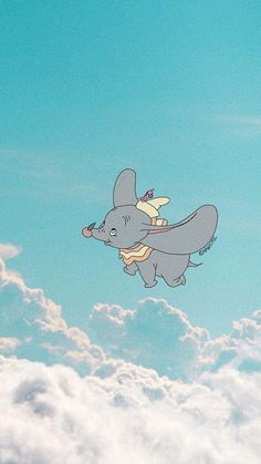 an elephant flying in the sky with a bird on its back, and clouds below