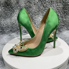 TAAFO Green Silk Satin Cloth Pointy Toe Pumps Stiletto Shiny Diamond Buckle 12CM Heels Shallow Dress Shoes High Heel Wedding Shoe green silk 12cm-33 Green Heels With 4-inch Heel For Party, Green Open Toe Heels For Party, Green High Heel Evening Heels, Green High Heels For Evening, Green 4-inch Heels For Party, Elegant Green Heels With 4-inch Heel, Green Heels For Summer Events, Green Summer Event Heels, Fitted Green Heels With 4-inch Heel