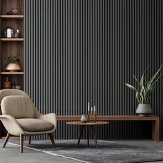 an empty living room with two chairs and a coffee table in front of a bookshelf