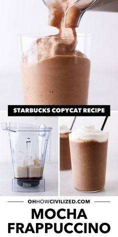 mocha frappuccino smoothie in a blender and topped with whipped cream