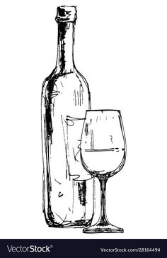 a wine bottle and a glass on a white background with a black line art style