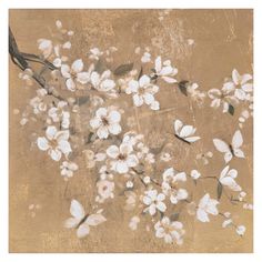 an abstract painting with white flowers on a brown background and black birds perched on the branch