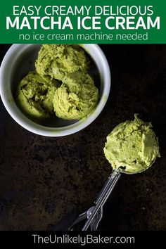 two scoops of matcha ice cream in a white bowl with a spoon next to it