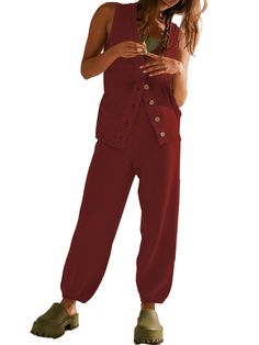 PRICES MAY VARY. Material: The ribbed knit set is made of 70% Viscose, 30% Nylon. With soft fabric, stretchy and skin-friendly, comfortable to wear, and perfect for all seasons. Unique Design: v neck lounge sets, sleeveless lounge wear set, ribbed knit set, button front jogger set, high waist pants set, wide leg matching sets, elastic waist sweatsuit set. Matching Style: You can match this comfy set with sneakers, mules, sandals, slippers for a laid back, adding outer or inner wear for a stylish First Trimester Fashion, Lounge Wear Outfits, Maternity Fits, Matching Lounge Set, Thanksgiving Clothes, Aesthetic Fit, Lounge Wear Set, Mules Sandals, Midsize Style