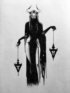 a black and white drawing of a woman with horns on her head holding a lamp