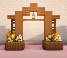 an arch made out of wood with flowers on the sides and a lantern hanging from it