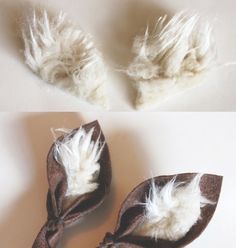 there are two pictures of the same pair of slippers with feathers on top and bottom