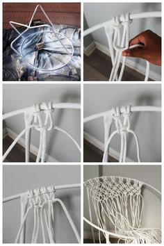 four pictures showing different ways to tie up a bed frame with string and wood dows