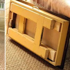 an old dresser turned into a sideboard with drawers and shelves in the middle, before and after it was painted yellow