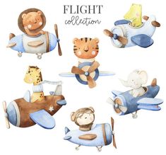 watercolor illustrations of airplanes, teddy bears and giraffes in different positions