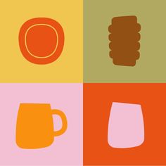 four different colored squares with coffee mugs and plates on them, one is orange, the other is pink