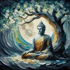 a painting of a buddha sitting under a tree