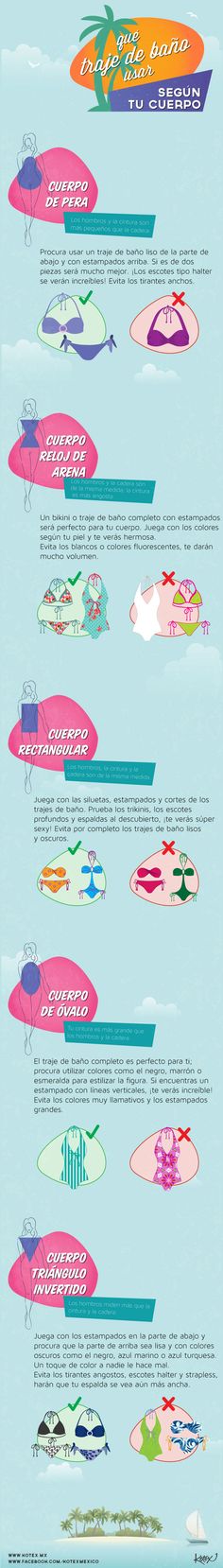 Elije el traje de baño indicado para tu tipo de cuerpo. ¿Lista para las vacaciones? #vacation #Travel #Infografía #viajes Ny Outfits, Best Swimsuits, Body Hacks, Vacation Travel, Types Of Fashion Styles