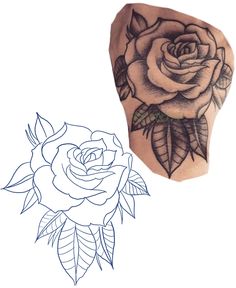 a drawing of a rose with leaves on it's side and an outline of the flower