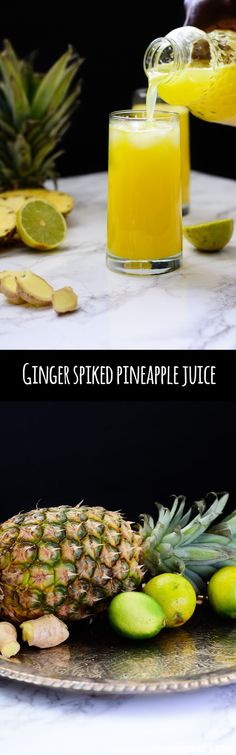 two pictures showing the process of making pineapple juice and how to make ginger spiked pineapple juice