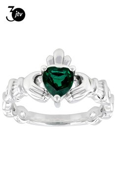 0.50ct Heart Shape Lab Created Emerald Rhodium Over Sterling Silver Claddagh Ring. Measures Approximately 0.74"L x 0.42"W. Not Sizeable. Silver Claddagh Ring, Claddagh Ring, Cubic Zirconia Bracelet, Lab Created Emerald, Claddagh Rings, Moissanite Necklace, Yellow Gemstones, Diamond Alternatives, Cubic Zirconia Earrings