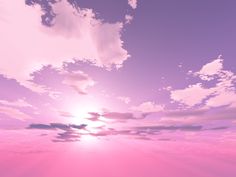 the sun is shining brightly in the sky over some water and land, with pink hues