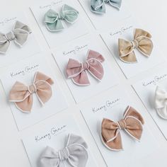 Chambray Fable Bows - Choose your size 3 inch - or - 4 inch Bow. Handmade from natural fiber cotton/bamboo blend fabric, fable bows can be finished with a nylon headband or hair clip for all ages! Available in 10 beautiful muted colors - perfect for accessorizing any outfit. ○ FINISH - Nylon Headband - Alligator Clip ○ BOW SIZING - 3 x 3 inches - 4 x 4 inches ○ CARE INSTRUCTIONS Kinsey Grace Co Accessories should be spot cleaned or hand washed with a mild detergent, lay flat or hang to dry.  Ple Tied Knot, Girls Hair Clips, Toddler Hair Bows, Hair Clips Girls, Small Bows, Diy Bow, Girl Hair Bows, Nylon Headbands, Toddler Hair