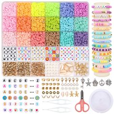 the kit includes many different types of beads, scissors and other crafting supplies