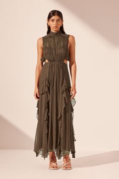 ODEN BACKLESS FRILL MAXI DRESS | OLIVE | DRESSES | SHONA JOY Olive Dresses, Frill Maxi Dress, Vacation Fashion, Olive Dress, Latest Dresses, Shona Joy, Maxi Dress Online, Fashion Elegant, Design Dress