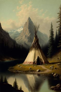 a painting of a teepee in the wilderness with mountains and trees around it, near a body of water